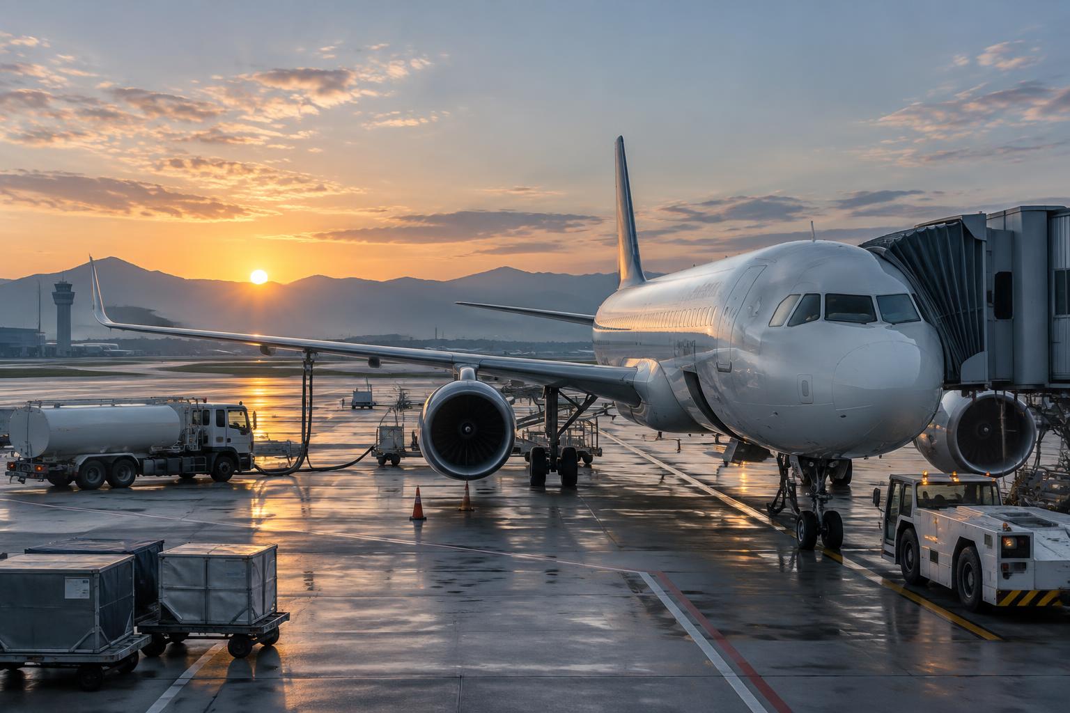 Commercial aircraft and fuel operations at an airport gate